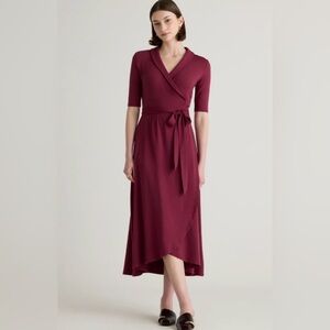 NWT Quince Tencel Jersey Midi Wrap Dress - Burgundy - Size Large - Soft Strech